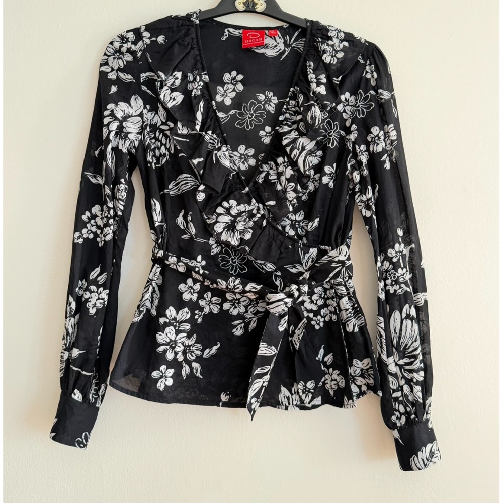 OSCAR De La RENTA Wrap Top Floral V Neck w/Ruffle Long Sleeve Size 4